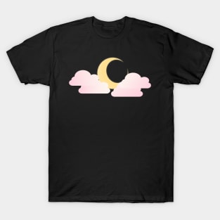 Yellow crescent moon and pink clouds T-Shirt